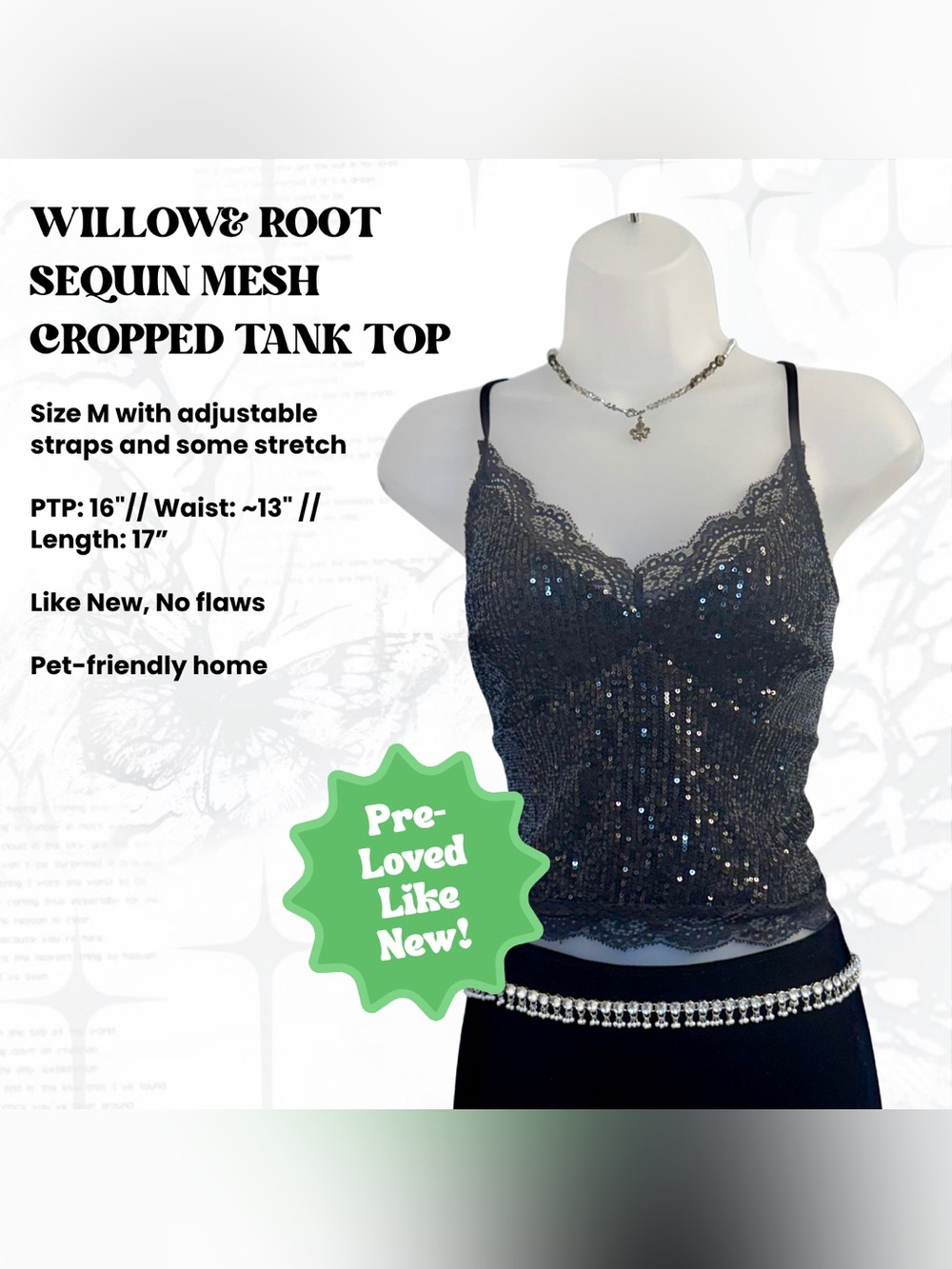 Willow & Root Mesh Sequin Cami Top with lace trim